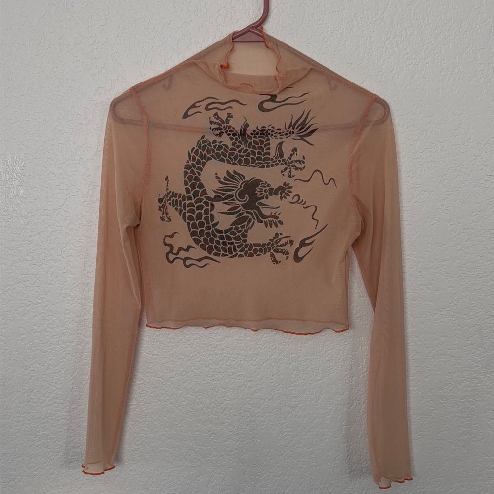 Y2K Orange Sheer Dragon Long Sleeve Top